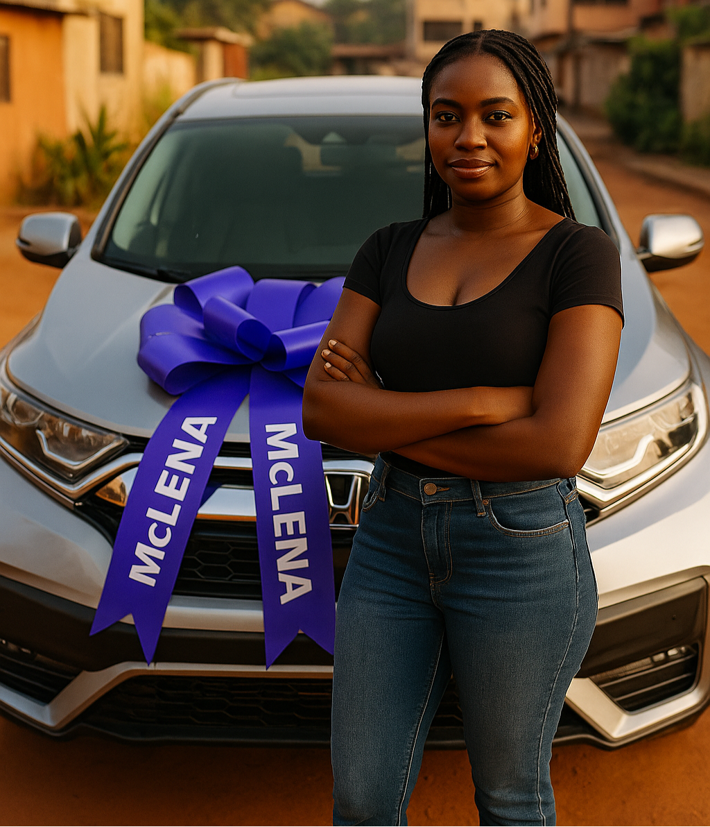 Woman standing in front of a car with a McLena bow, in an urban setting.